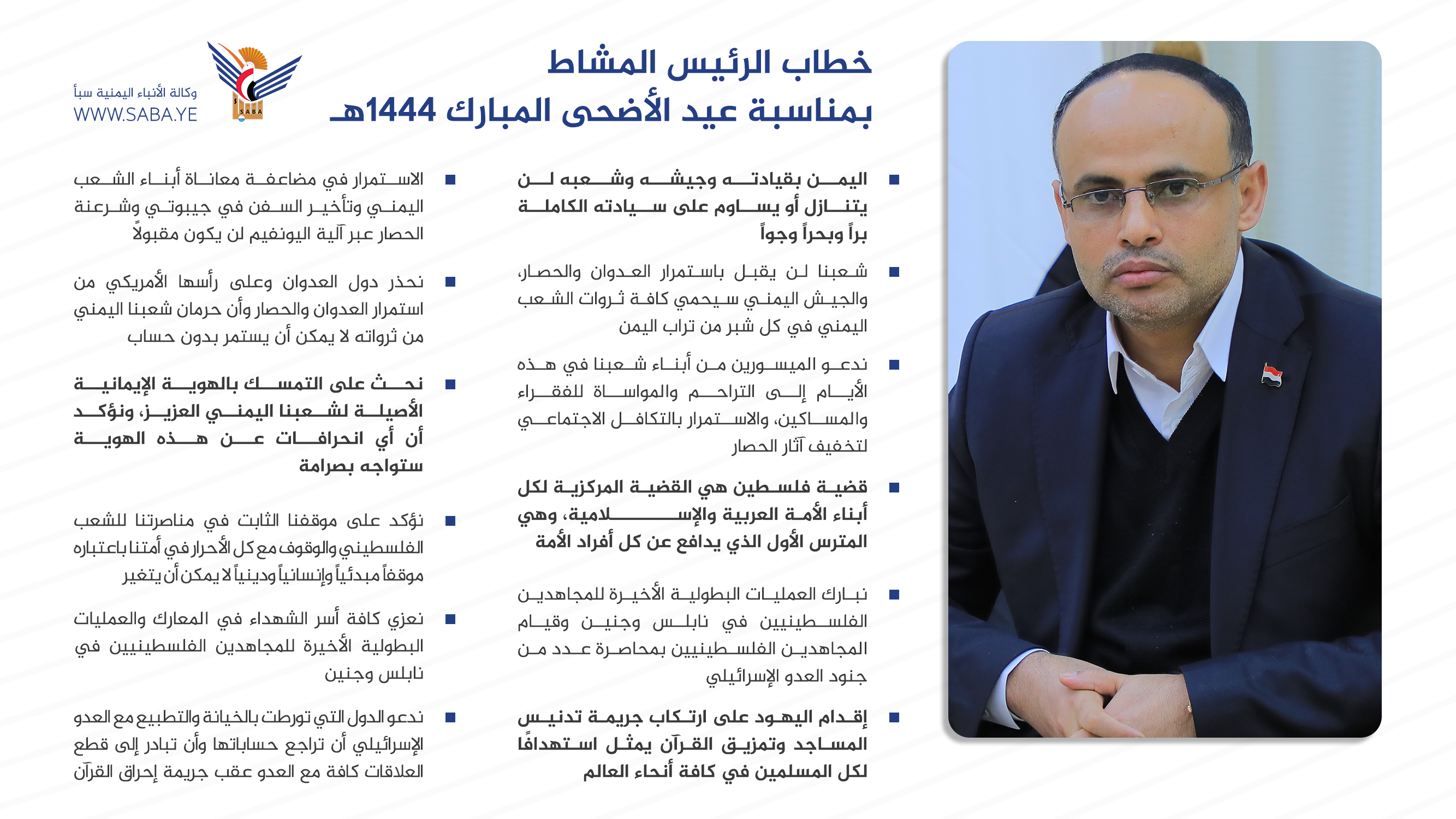 الرئيس المشاط يوجّه خطابا مهما بمناسبة عيد الأضحى المبارك